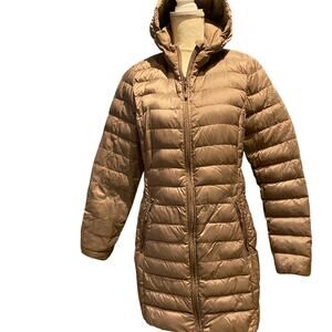 Camel 3/4 length down puffer jacket with hood long length winter snow comfy warm